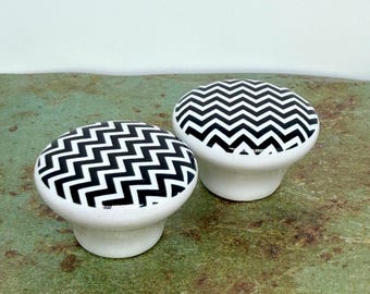 Vintage Pair Black & White Chevron Knobs: Dresser, Media, Cabinet