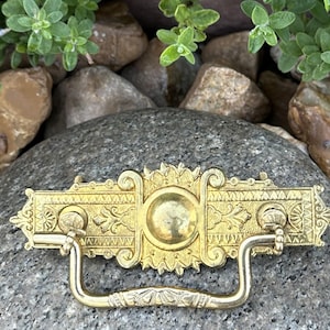 May include: A gold-toned ornate drawer pull with a decorative center and a curved handle. The pull is set against a background of rocks and green foliage.