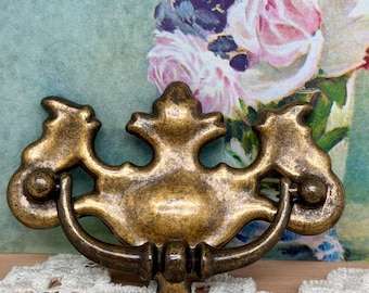 Vintage Bat Wing Chippendale Brass Drop Pull: Aged Patina Drawer Hardware (3" on Center)