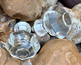 Vintage Large Crystal Glass Doorknobs: Clear, Faceted, Octagonal, Armoire, Media, Doors