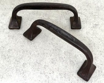 Vintage Black Iron Pulls: Slanted Handle, Forged Cabinet Hardware (Pair)