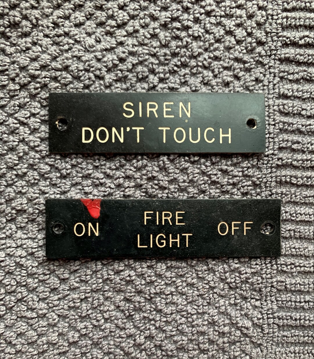 Set of 2 Vintage Firetruck Cockpit Warning Tags/1950's Firetruck Siren