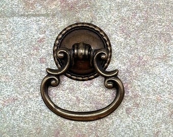Vintage Drop Rings Pulls with Backplates/Small Scrolls, Antique Brass, Colonial/Sold Individually