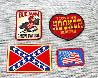 Original Patches Logos Emblems: Waving US Flag, Southern Cross, Hooker Automotive, Bud Man