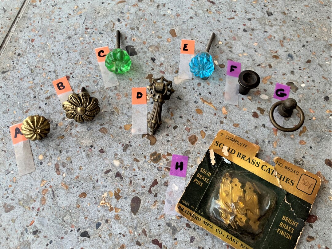 Vintage Jewelry Box Knobs & Pulls/vintage Bail Pull/colorful Petite Glass Knobs/small Brass