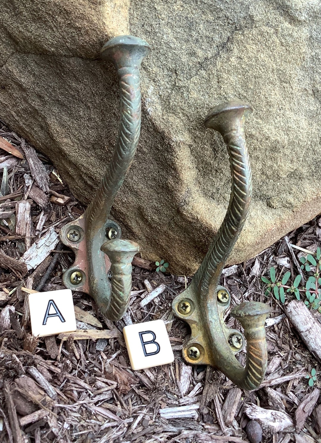 Vintage Patina Brass Double Hooks With Screws/etched Fern Brass Double