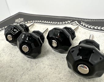Vintage Black Glass Knobs: Art Deco, Hexagonal/Sold Individually