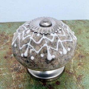 Antique Stone Crackled Knobs: /Speckled Gray, Ceramic, Silver Flower Cap & Thru-Bolt/Sold Individually