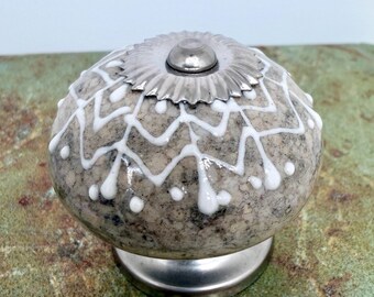 Antique Stone Crackled Knobs: /Speckled Gray, Ceramic, Silver Flower Cap & Thru-Bolt/Sold Individually