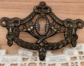 Vintage Antique Brass Ram's Head Keyhole Covers: Rococo Campaign Hardware
