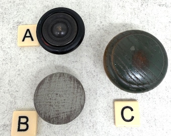 Vintage MCM Wooden Knobs: Wood & Brass, Distressed, Colonial, Green Hand Painted Hardware/Sold Individually
