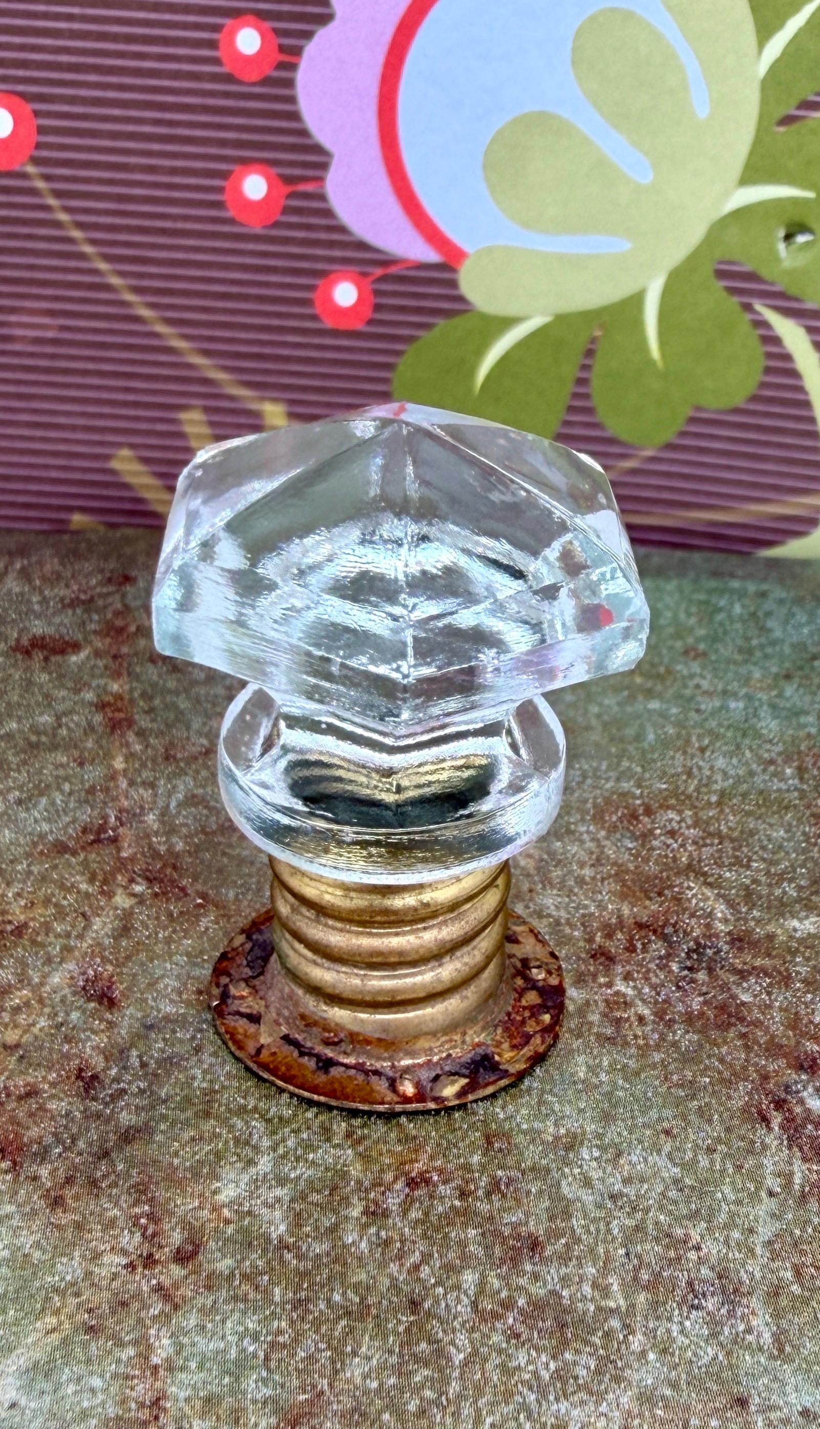 Vintage Sellers Crystal Glass Knobs: Hexagonal, Brass Threaded Sleeves/Sold Individually
