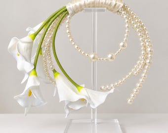 Pearl Bridal Bouquet with Calla Lilies, Beaded Wedding Bouquet, White Artificial Wedding Flowers
