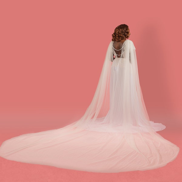 Cathedral Tulle Bridal Cape with Pearl Back Chain