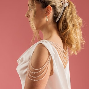 4 Layer Pair of upper arm pearl and crystal shoulder body chain sleeves attachable for wedding dress and bridal gown beaded separates
