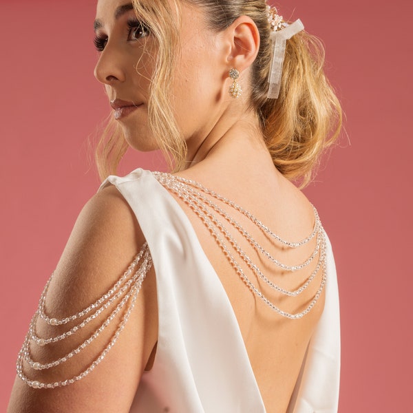 Matching Set of upper arm chain and backchain/ pearl and crystal shoulder body chain sleeves/ attachable chains for wedding dress