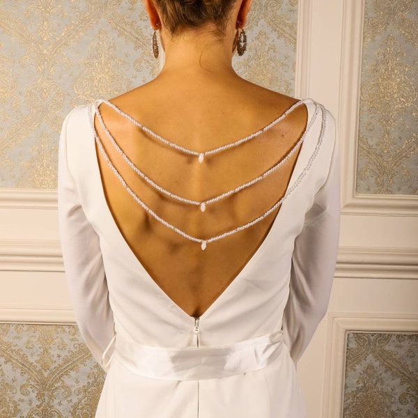 3 layer  Pearl Bridal Backdrop necklace Back Necklace Back Chain Back pearls Back jewelry wedding dress chain back drape pearl chain