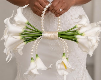 Pearl Handle Bridal Bouquet, Calla Lily Wedding Purse, White Artificial Wedding Flowers
