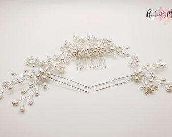 Set of Pearl hair comb and 2 hair pins for bridal hair style hair accessories hair comb  pin tiara vine crown head band flower floral