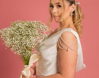 Pair of multi layer upper arm chain with pearl and crystal beads includes teardrop pendant / beaded chain pearl separates for wedding gowns