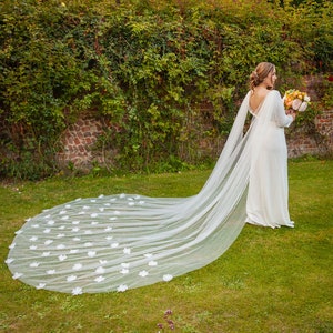 3 Meter Ivory Bridal Cape with 3D Flowers  Floral Tulle Veil Drape  Boho Wedding Cloak or Shoulder Accessory angel wings for brides