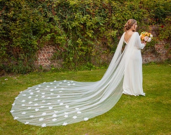 Ivory Bridal Cape with 3D Flowers, Floral Tulle Wedding Veil