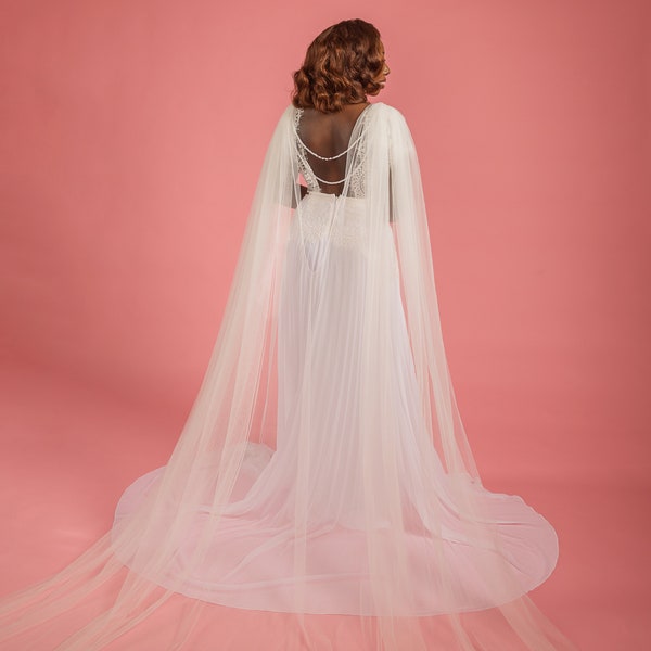 2 Meter Bridal Cape/ Bridal cloak in Off white, Ivory, white or champagne/ 2 layer bridal pearl and crystal backchain/ Tulle bridal cape