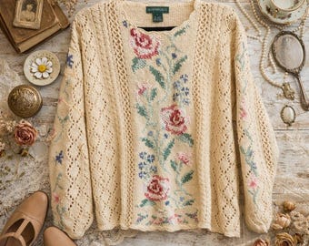 Vintage Bushwacker Floral Knit Sweater | Cottagecore Cream Lace Knit Pullover | Size Large