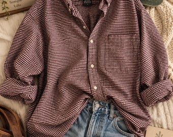 Vintage Eddie Bauer overhemd met knoopsluiting, 100% katoen, bordeauxrood geruit, maat L