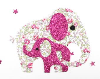 Appliqués thermocollants Eléphants "Maman et moi" tissu liberty Eloïse rose flex pailleté appliqués éléphants patch à repasser écussons