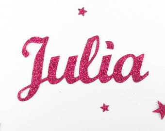 Appliqué thermocollant prénom pailleté personnalisable de 5 lettres (Julia, exemple proposé) en tissus pailletés (coloris au choix)