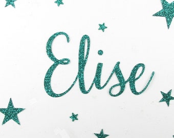 Appliqué thermocollant prénom pailleté personnalisable de 5 lettres (Elise exemple proposé) en tissus pailletés (coloris au choix)