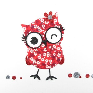 Appliqué thermocollant Chouette tissu liberty Mitsi valeria rouge & tissus pailletés hibou patch à repasser thermocollant liberty applique image 1