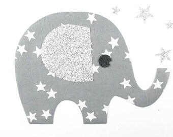 Appliqué thermocollant Elephant  tissu gris étoilé flex pailleté patch à repasser motifs thermocollants appliques éléphant écussons