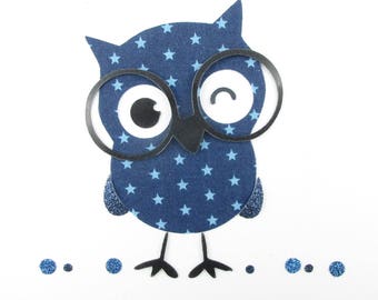 Appliqués thermocollants Hibou à lunettes en tissu bleu marine étoilé flex pailleté motif thermocollant patch à repasser applique chouette