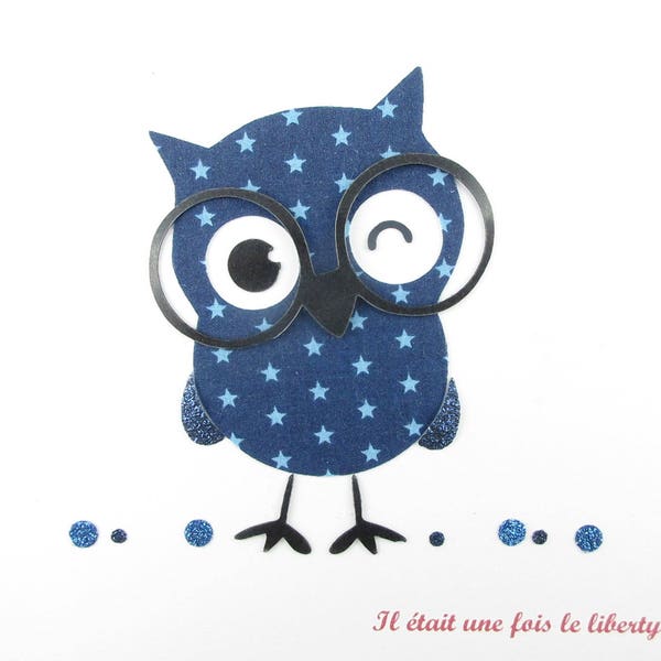 Appliqués thermocollants Hibou à lunettes en tissu bleu marine étoilé flex pailleté motif thermocollant patch à repasser applique chouette