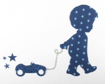 Appliqué thermocollant Petit garçon voiture en tissu bleu marine étoilé tissus pailletés patch à repasser appliques garçon motifs à repasser