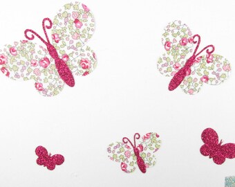 Appliqués thermocollants papillons en tissu liberty Eloïse rose flex pailleté fuchsia patch à repasser motif papillon thermocollant liberty