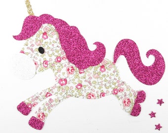 Appliqués thermocollants bébé licorne tissu liberty Eloïse rose flex pailleté patch à repasser appliques liberty thermocollants écussons