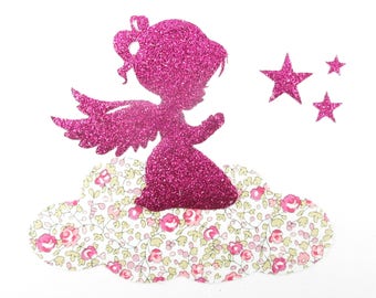 Appliqués thermocollants Petit ange en prière sur un nuage en liberty Eloïse rose et flex pailleté (communion, baptême) patch thermocollant