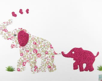 Appliqués thermocollants famille éléphants en liberty Eloïse rose & flex pailleté patch à repasser écusson applique elephant iron on glitter