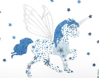 Appliqués thermocollants licorne en liberty Adelajda bleu & flex pailleté patch thermocollant à repasser licorne motif thermocollant liberty