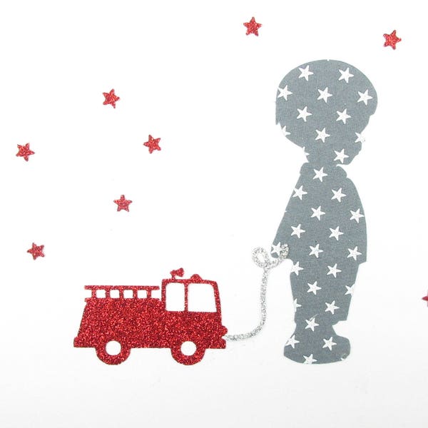 Appliqué thermocollant garçon camion de pompier tissu gris étoilé flex pailleté patch à repasser motif thermocollant écusson fireman iron on