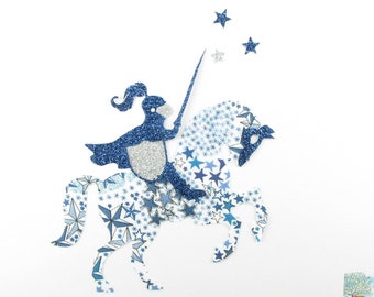 Appliqués thermocollants chevalier & cheval en liberty Adelajda bleu et tissus pailletés thermocollants liberty appliques patch à repasser