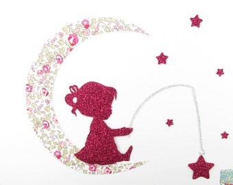 Appliqués thermocollants Petite fille "La pèche aux étoiles" en tissu liberty Éloïse rose & flex pailleté patch repasser appliqué fille iron