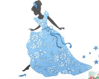 Appliqués thermocollants princesse Cendrillon et sa pantoufle de verre en tissu liberty Capel bleu flex pailleté applied fusible princess