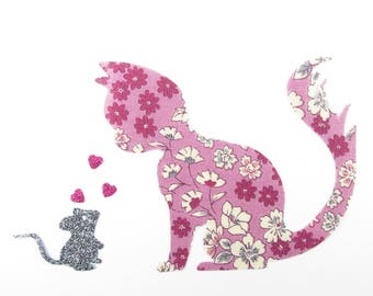 Appliqués thermocollants Chat et souris amoureuse en liberty japonais Lecien et flex pailleté motif thermocollant liberty appliqués écussons