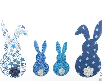 Appliqué thermocollant liberty famille lapins en tissus Adelajda bleu et bleu marine étoilé +tissus pailletés patches bunny family écusson