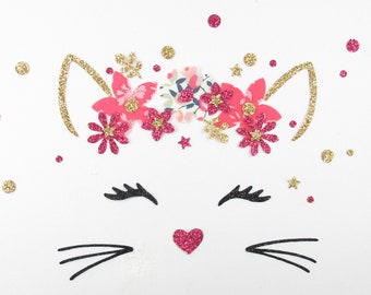 Appliqués thermocollants tête de Chat fleurie tissu liberty wiltshire flex pailleté appliqué liberty patch liberty à repasser sans couture