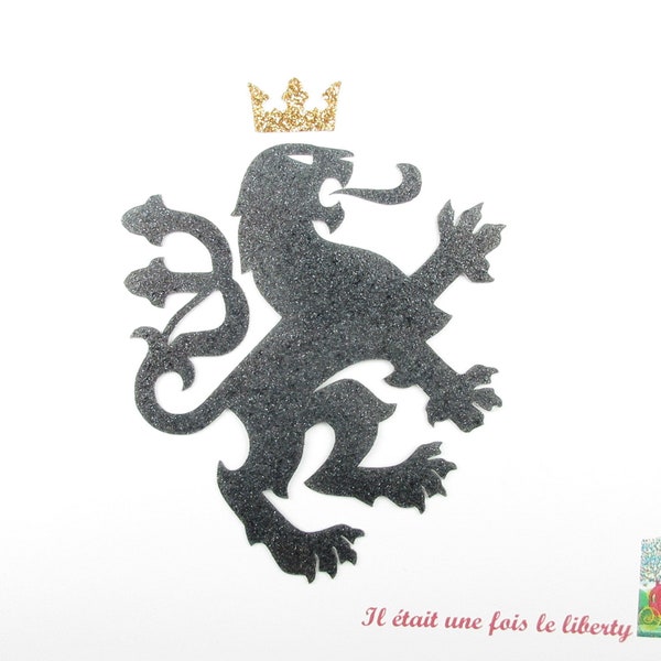 Appliqué thermocollant lion héraldique médiéval tissu pailleté noir et or applique lion motif thermocollant patch à repasser écusson lion